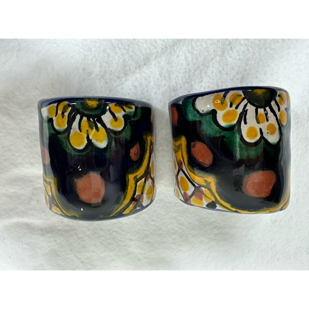 Talavera Mexican Pottery Napkin Rings/Holders Signed JMB Set 2 Blue Yellow Green